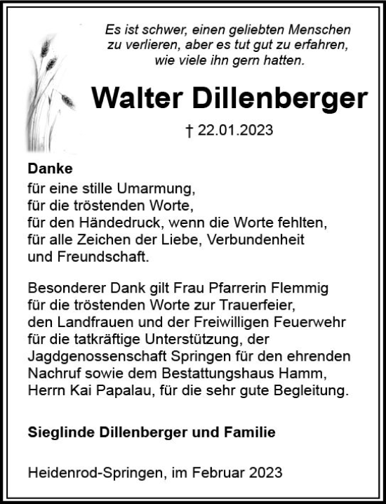 Traueranzeige von Walter Dillenberger von Wiesbadener Kurier