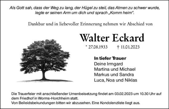 Traueranzeige von Walter Eckard von Wormser Zeitung