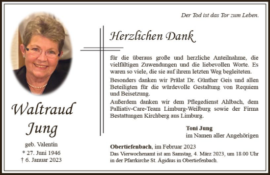 Traueranzeige von Waltraud Jung von Nassauische Neue Presse