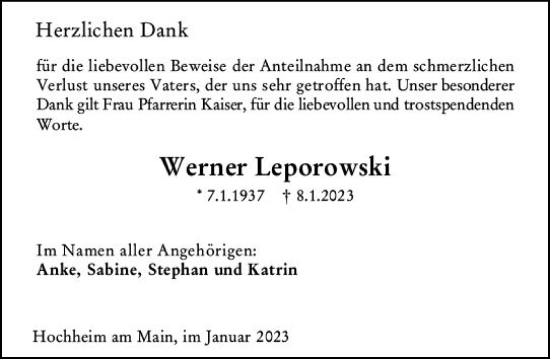 Traueranzeige von Werner Leporowski von Hochheimer Zeitung