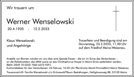 Traueranzeige von Werner Wenselowski von Allgemeine Zeitung Mainz