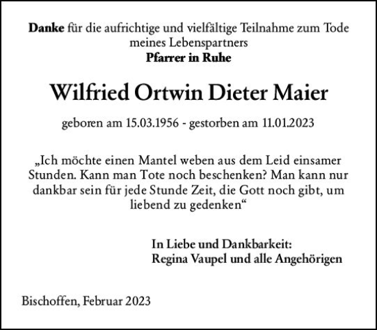 Traueranzeige von Wilfried Ortwin Dieter Maier von Dill Block