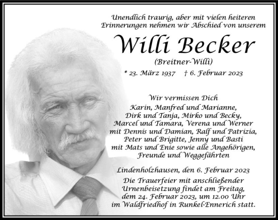 Traueranzeige von Willi Becker von Nassauische Neue Presse