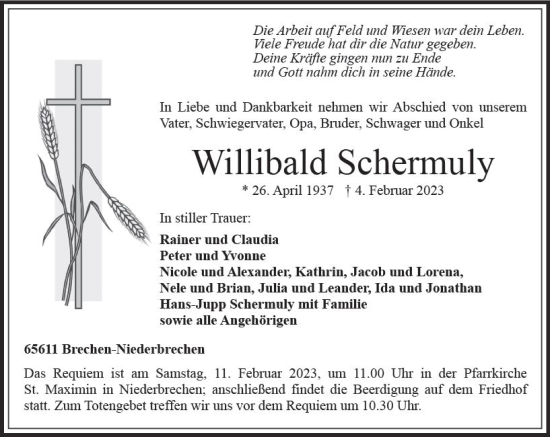 Traueranzeige von Willibald Schermuly von Camberger Anzeiger