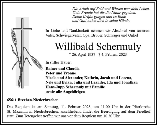 Traueranzeige von Willibald Schermuly von Nassauische Neue Presse