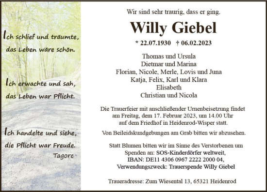 Traueranzeige von Willy Giebel von Wiesbadener Kurier gesamt