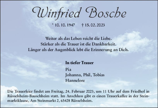 Traueranzeige von Winfried Bosche von Rüsselsheimer Echo