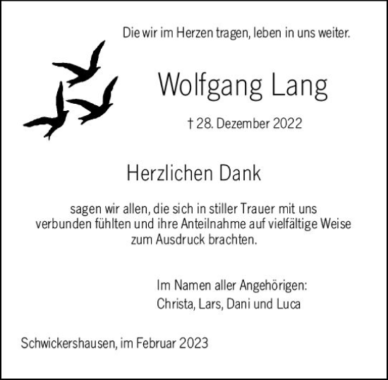 Traueranzeige von Wolfgang Lang von Camberger Anzeiger