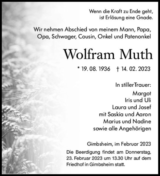 Traueranzeige von Wolfram Muth von Wormser Zeitung