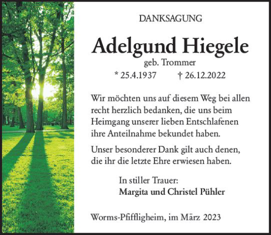 Traueranzeige von Adelgund Hiegele von Wormser Zeitung