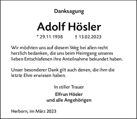 Traueranzeige von Adolf Hösler von Dill Block