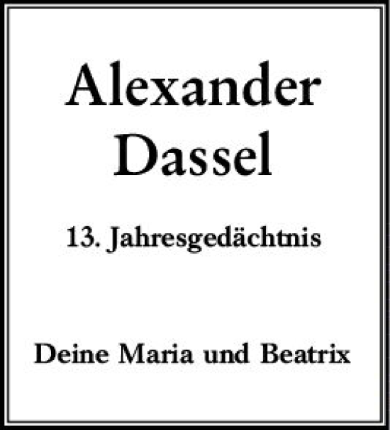 Traueranzeige von Alexander Dassel von Wiesbadener Kurier