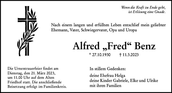 Traueranzeige von Alfred Benz von Hochheimer Zeitung