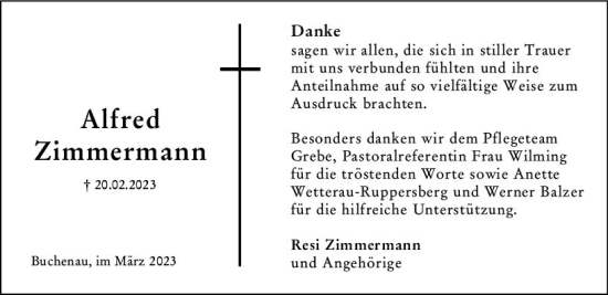 Traueranzeige von Alfred Zimmermann von Hinterländer Anzeiger