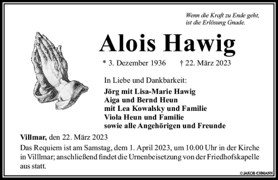Traueranzeige von Alois Hawig von Nassauische Neue Presse