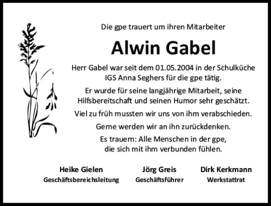 Traueranzeige von Alwin Gabel von Allgemeine Zeitung Mainz