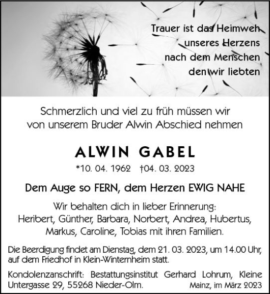 Traueranzeige von Alwin Gabel von Allgemeine Zeitung Mainz