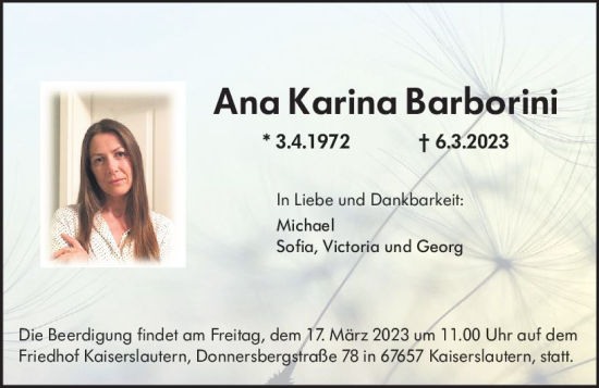 Traueranzeige von Ana Karina Barborini von Allgemeine Zeitung Alzey