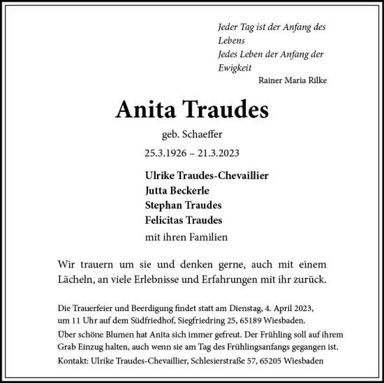 Traueranzeige von Anita Traudes von Wiesbadener Kurier