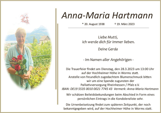 Traueranzeige von Anna-Maria Hartmann von Wormser Zeitung