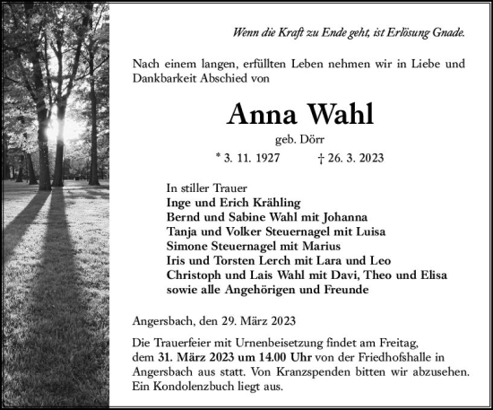 Traueranzeige von Anna Wahl von VRM Trauer