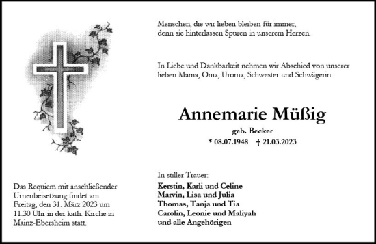 Traueranzeige von Annemarie Müßig von Allgemeine Zeitung Mainz