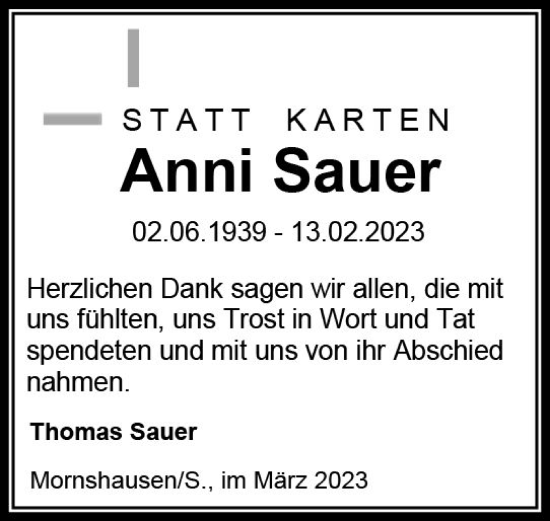 Traueranzeige von Anni Sauer von Hinterländer Anzeiger