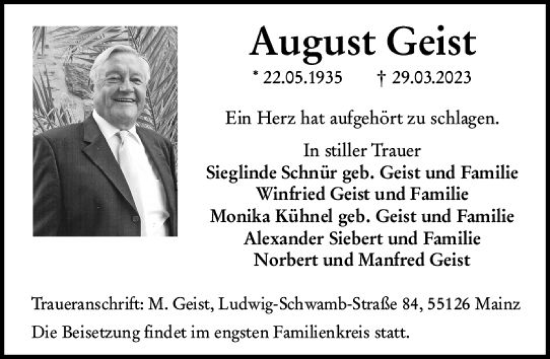 Traueranzeige von August Geist von Allgemeine Zeitung Mainz