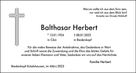Traueranzeige von Balthasar Herbert von Hinterländer Anzeiger