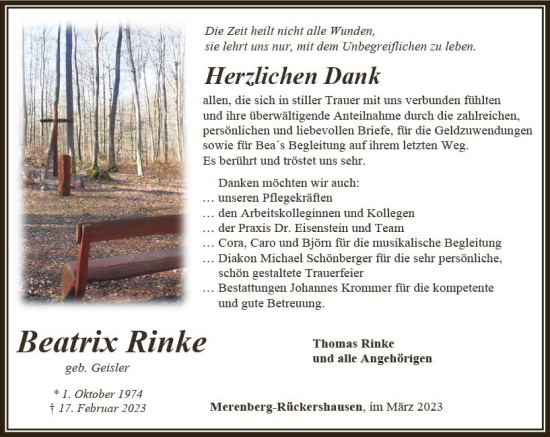 Traueranzeige von Beatrix Rinke von Weilburger Tageblatt