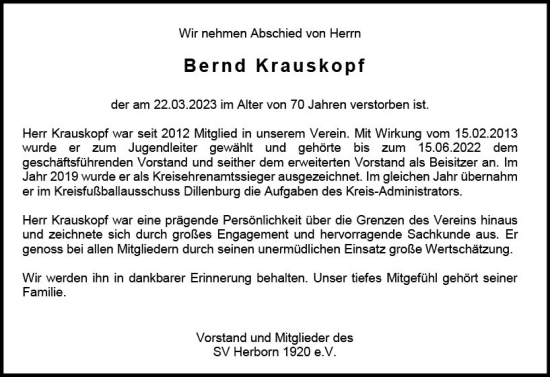Traueranzeige von Bernd Krauskopf von Dill Block