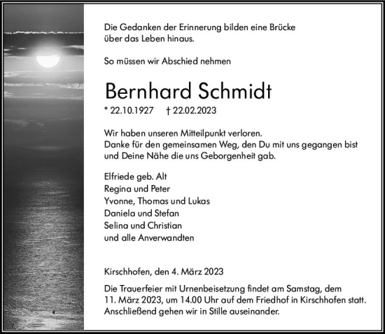Traueranzeige von Bernhard Schmidt von Weilburger Tageblatt