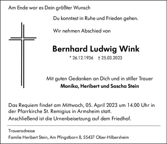 Traueranzeige von Bernhard Ludwig WInk von Allgemeine Zeitung Alzey