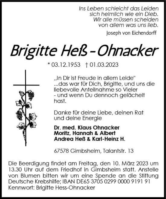 Traueranzeige von Brigitte Heß-Ohnacker von Wormser Zeitung