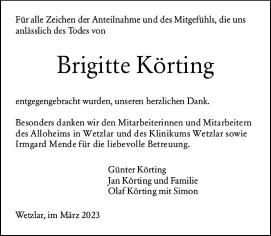 Traueranzeige von Brigitte Körting von Wetzlarer Neue Zeitung