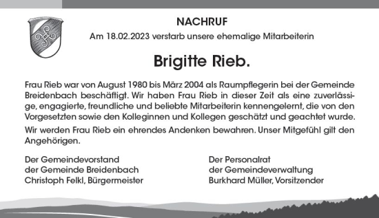 Traueranzeige von Brigitte Rieb von Hinterländer Anzeiger