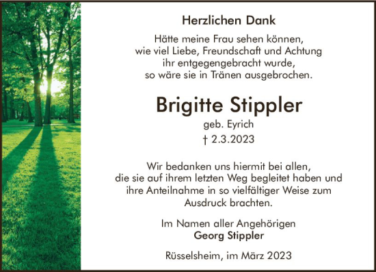 Traueranzeige von Brigitte Stippler von Rüsselsheimer Echo