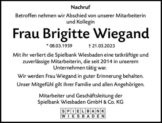 Traueranzeige von Brigitte Wiegand von Wiesbadener Kurier