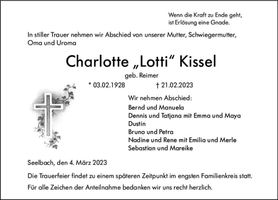 Traueranzeige von Charlotte Kissel von Weilburger Tageblatt