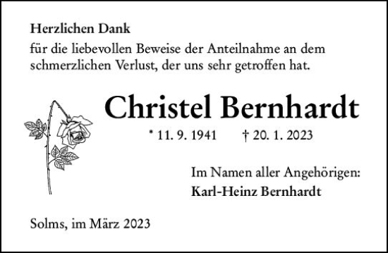 Traueranzeige von Christel Bernhardt von Wetzlarer Neue Zeitung