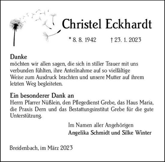 Traueranzeige von Christel Eckhardt von Hinterländer Anzeiger