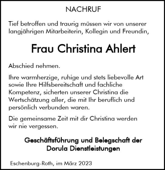 Traueranzeige von Christina Ahlert von Dill Block