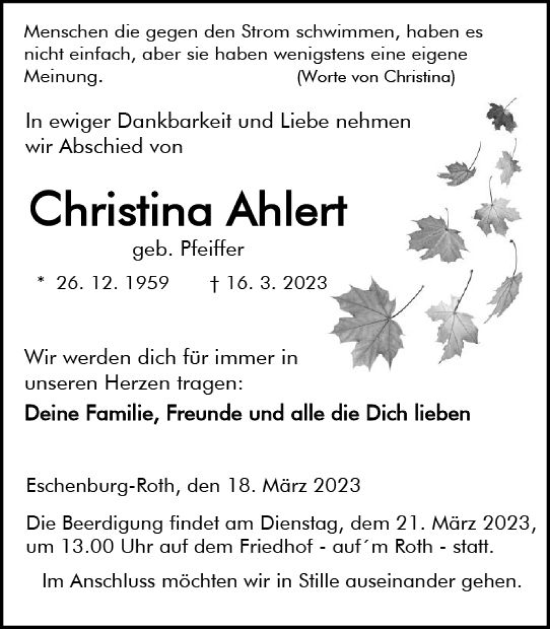 Traueranzeige von Christina Ahlert von Dill Block