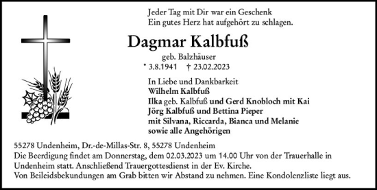 Traueranzeige von Dagmar Kalbfuß von Allgemeine Zeitung Alzey