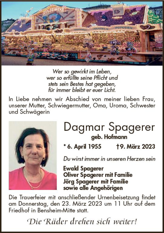 Traueranzeige von Dagmar Spagerer von Darmstädter Echo