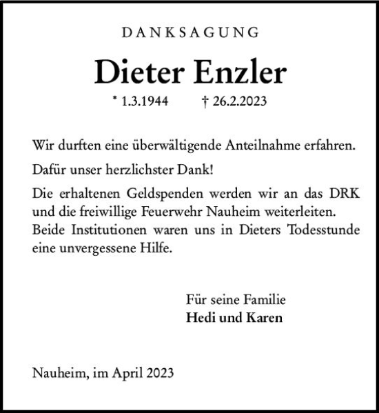 Traueranzeige von Dieter Enzler von Rüsselsheimer Echo