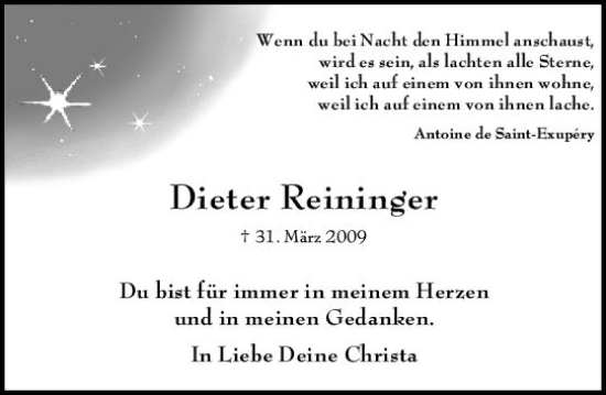 Traueranzeige von Dieter Reininger von Wiesbadener Kurier