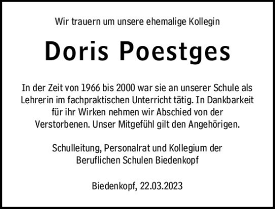 Traueranzeige von Doris Poestges von Hinterländer Anzeiger