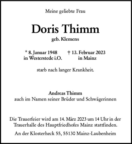 Traueranzeige von Doris Thimm von Allgemeine Zeitung Mainz