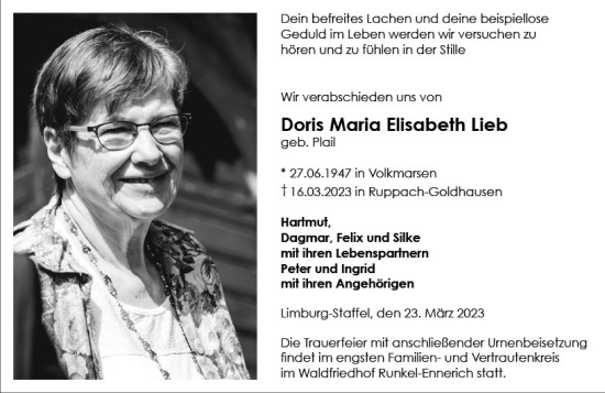 Traueranzeige von Doris Maria Elisabeth Lieb von Nassauische Neue Presse